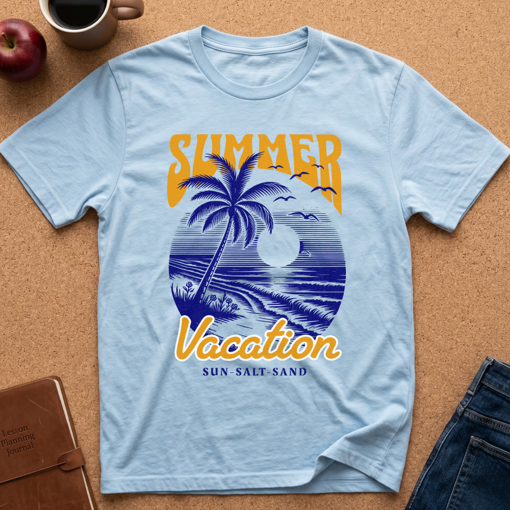 A light blue graphic t-shirt laid flat on a cork board background, featuring a retro-style tropical beach scene with a palm tree, ocean waves, and a sun. The text 'SUMMER Vacation' is printed in yellow, with 'SUN SALT SAND' underneath.