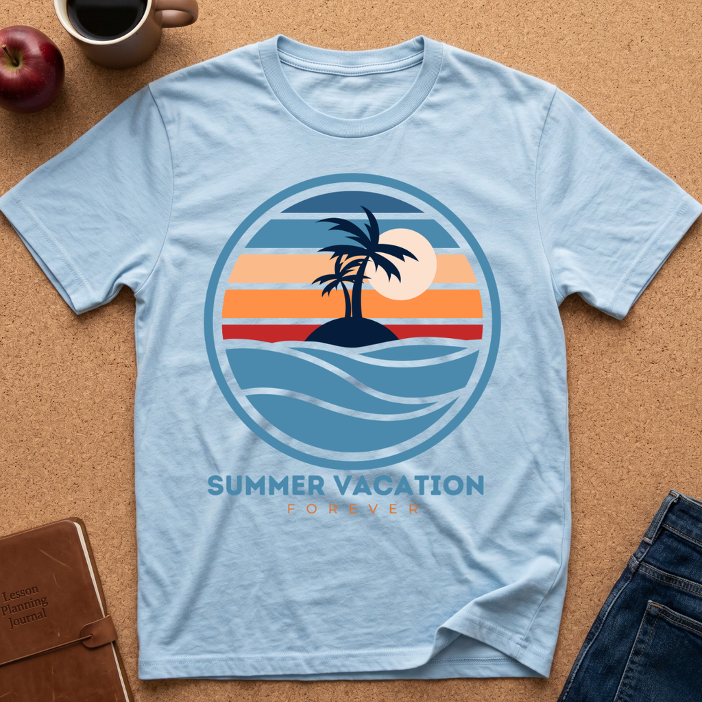 A light blue crewneck t-shirt laid flat on a cork board background, featuring a retro circular graphic of a palm tree island sunset with the text 'SUMMER VACATION FOREVER'. Styled flat-lay props include an apple, a coffee mug, a notebook, and blue jeans.