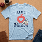 Light blue t-shirt with 'Calm is my superpower' design on a brown surface with an apple, coffee, and jeans.