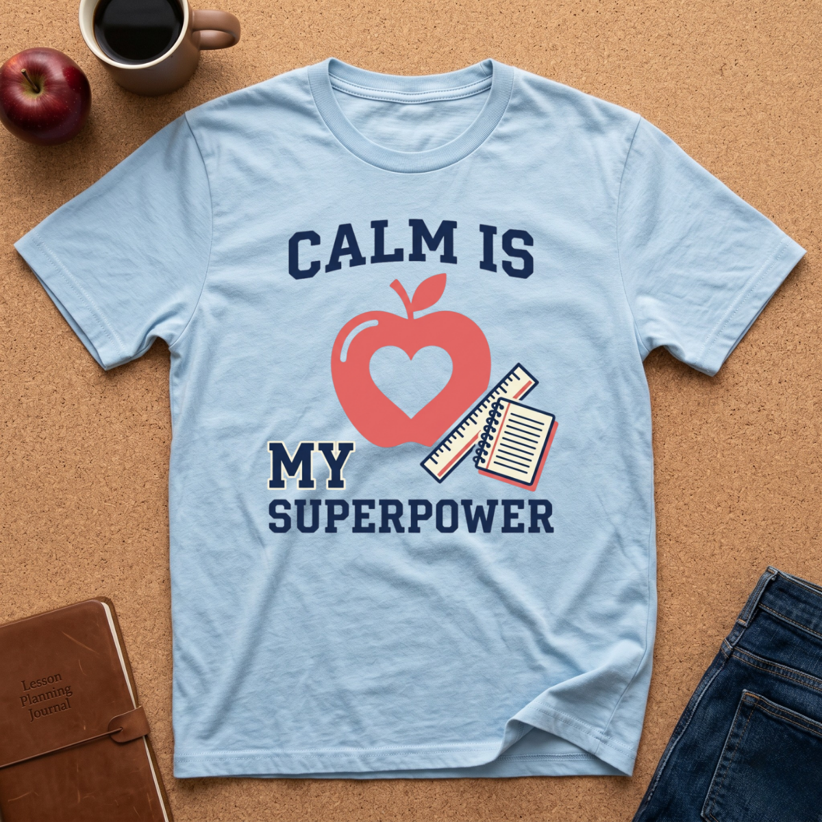 Light blue t-shirt with 'Calm is my superpower' design on a brown surface with an apple, coffee, and jeans.
