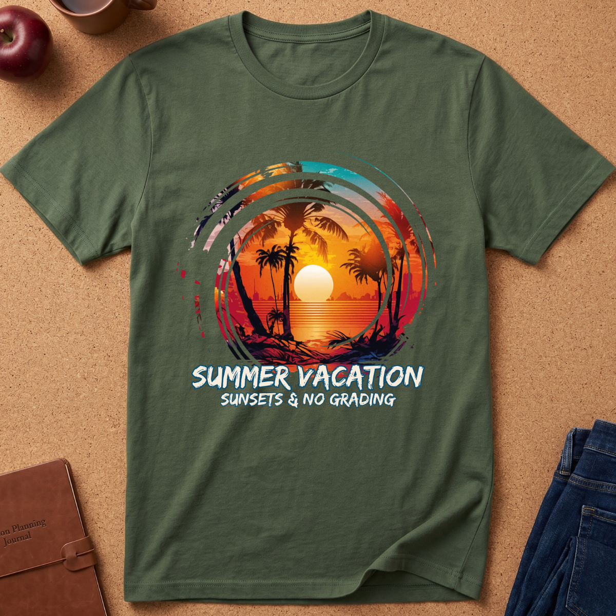An olive green short-sleeve t-shirt laid flat on a cork background, featuring a colorful retro sunset graphic with palm trees and the text 'SUMMER VACATION SUNSETS & NO GRADING'.