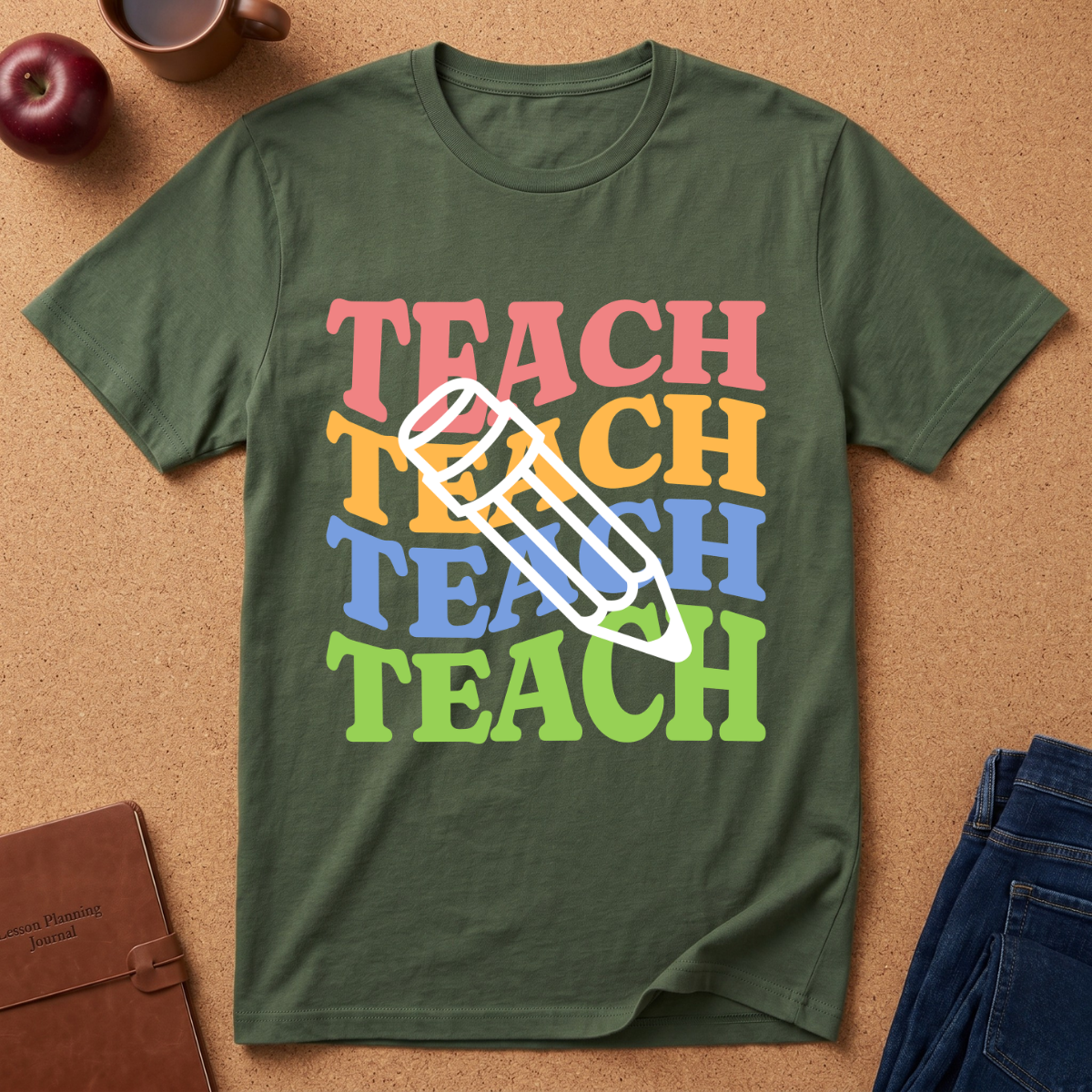 Teacher Pencil Tee — Colorful "TEACH" Graphic T-Shirt for Educators
