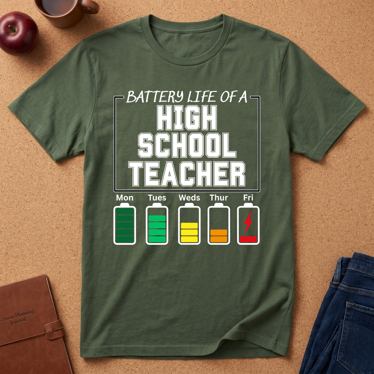 Green t-shirt with 'Battery Life of a High School Teacher' graphic on a brown surface with an apple and notebook.