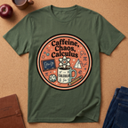 Green t-shirt with 'Caffeine, Chaos, Calculus' design on a brown surface with an apple and notebook.
