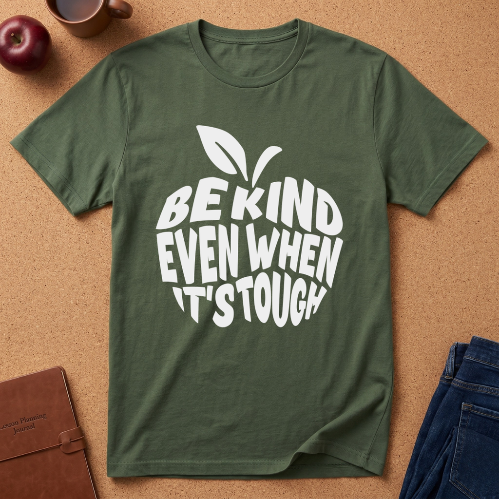 An olive green short-sleeve t-shirt with a white graphic of an apple and the text 'BE KIND EVEN WHEN IT'S TOUGH', laid flat on a cork background with lifestyle props including an apple, a coffee mug, a notebook, and jeans.