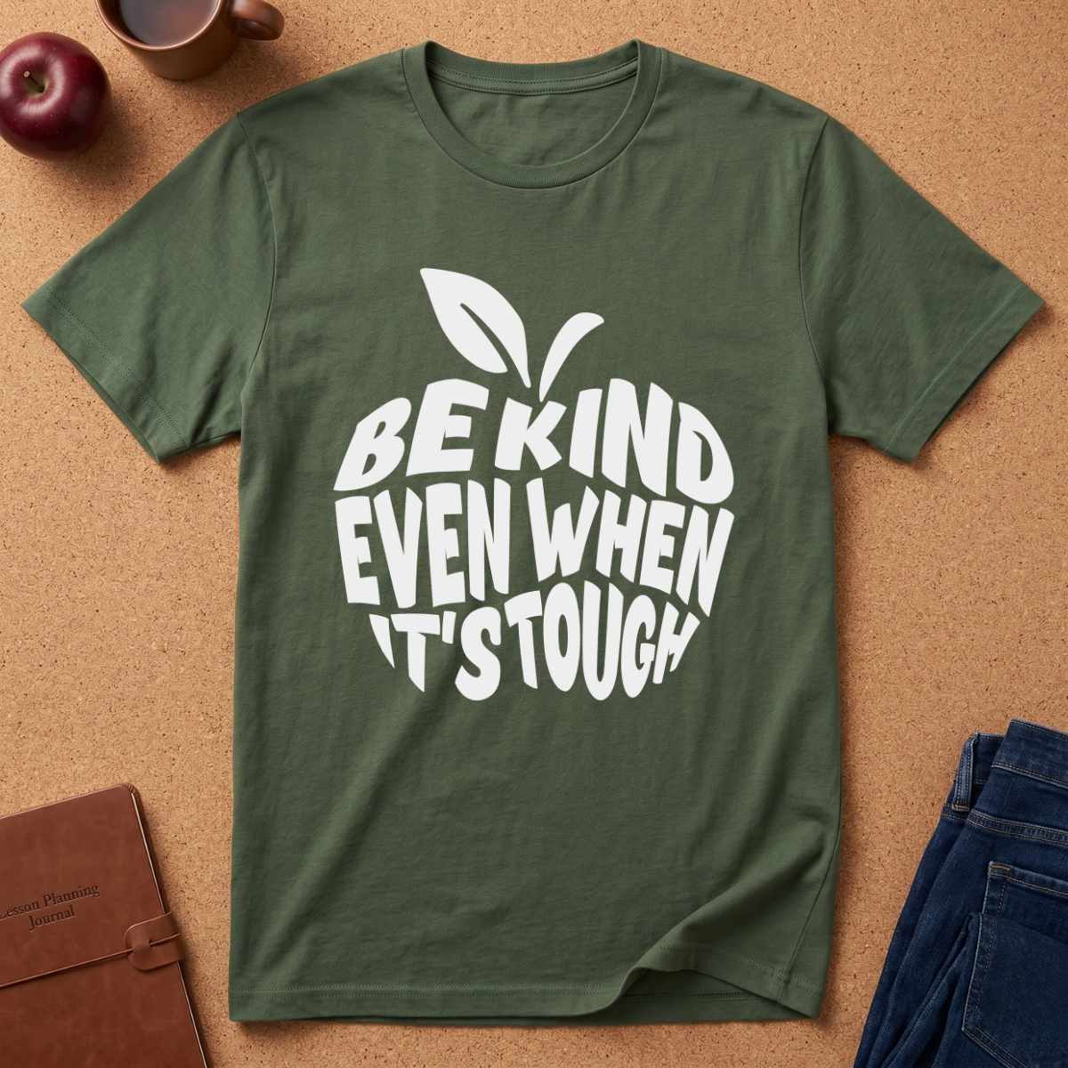 An olive green short-sleeve t-shirt with a white graphic of an apple and the text 'BE KIND EVEN WHEN IT'S TOUGH', laid flat on a cork background with lifestyle props including an apple, a coffee mug, a notebook, and jeans.