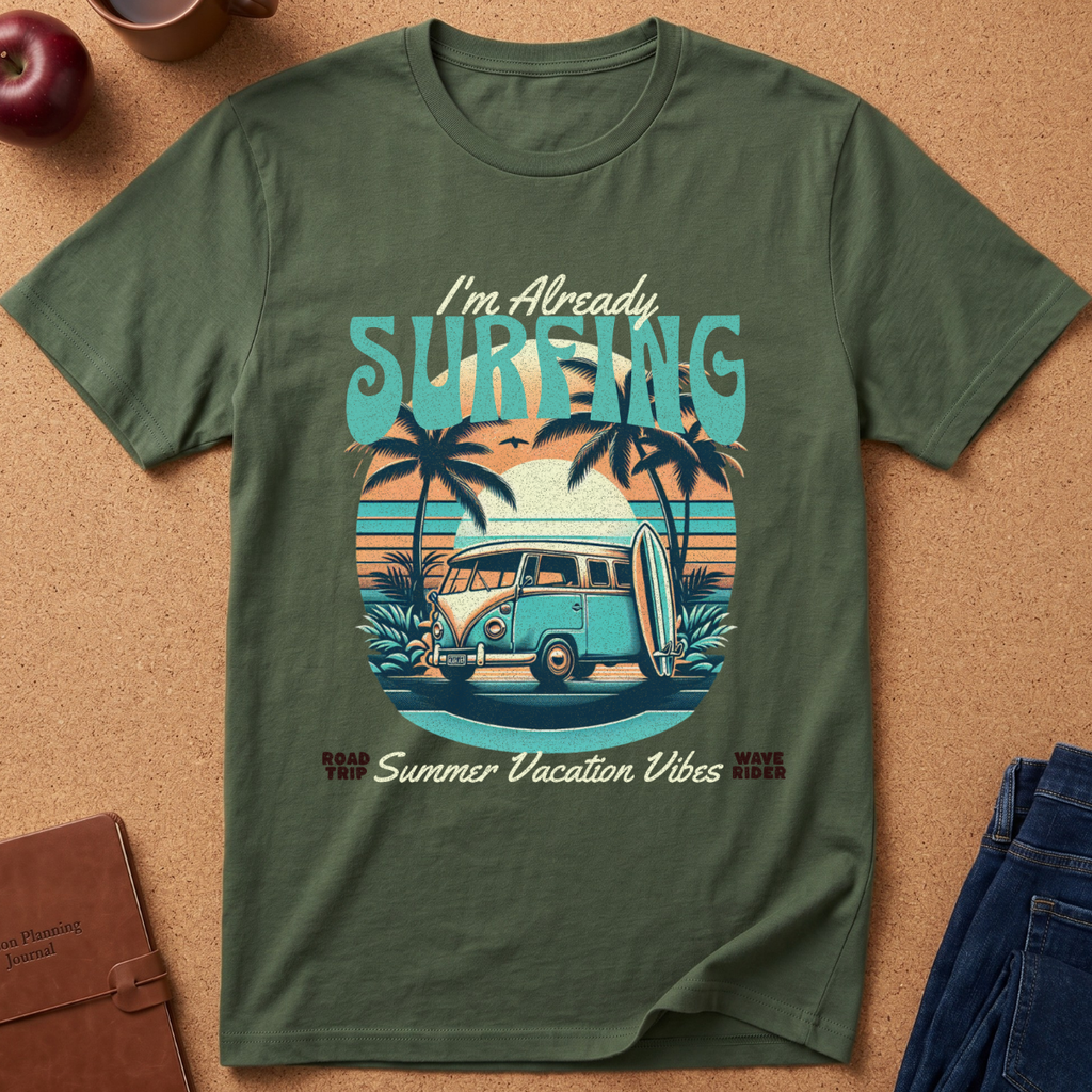 An olive green short-sleeve graphic T-shirt laid flat on a cork surface with styled props including an apple, coffee cup, notebook, and jeans. The shirt features a retro beach scene with palm trees, a van, surfboard, and the text 'I'm Already SURFING' and 'Summer Vacation Vibes'.
