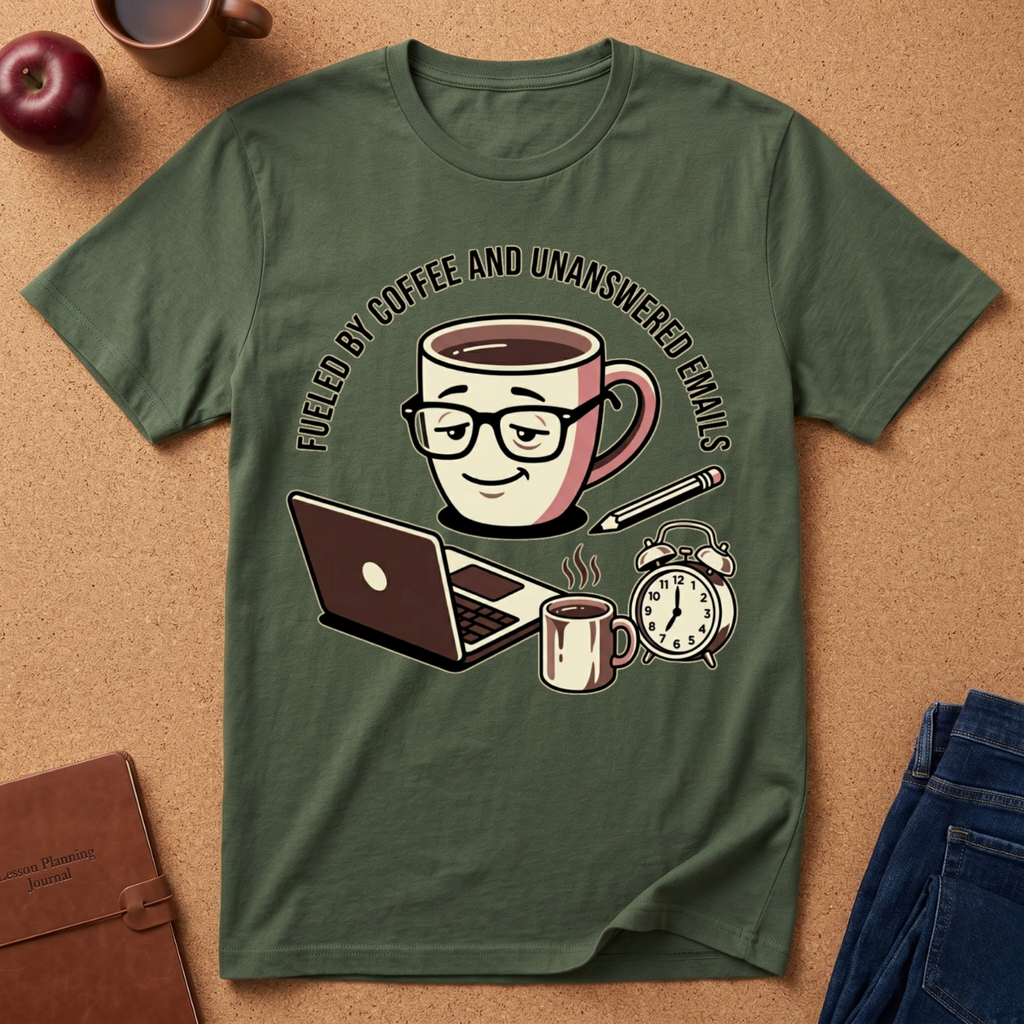 military Green Graphic t-shirt says 'Fueled by coffee an unanswered emails', with coffee-themed graphic on a brown surface with accessories.