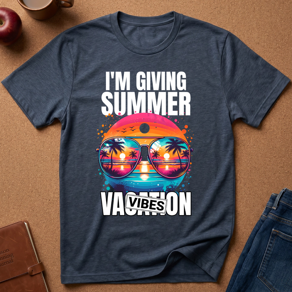 A navy blue graphic t-shirt laid flat on a brown cork background, surrounded by lifestyle props like an apple, a coffee mug, a notebook, and folded jeans. The t-shirt features a colorful graphic of sunglasses reflecting a tropical sunset with the text 'I'M GIVING SUMMER VACATION VIBES'.