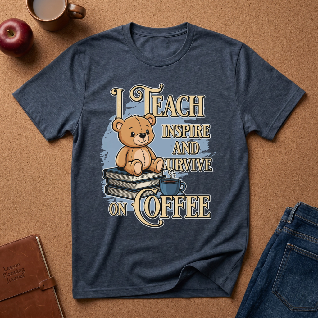 A navy blue graphic t-shirt laid flat on a brown cork background, featuring a teddy bear sitting on books with the text 'I TEACH INSPIRE AND SURVIVE ON COFFEE'. A red apple, a coffee mug, a notebook, and blue jeans are styled around the shirt.