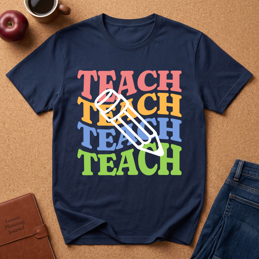 Teacher Pencil Tee — Colorful "TEACH" Graphic T-Shirt for Educators