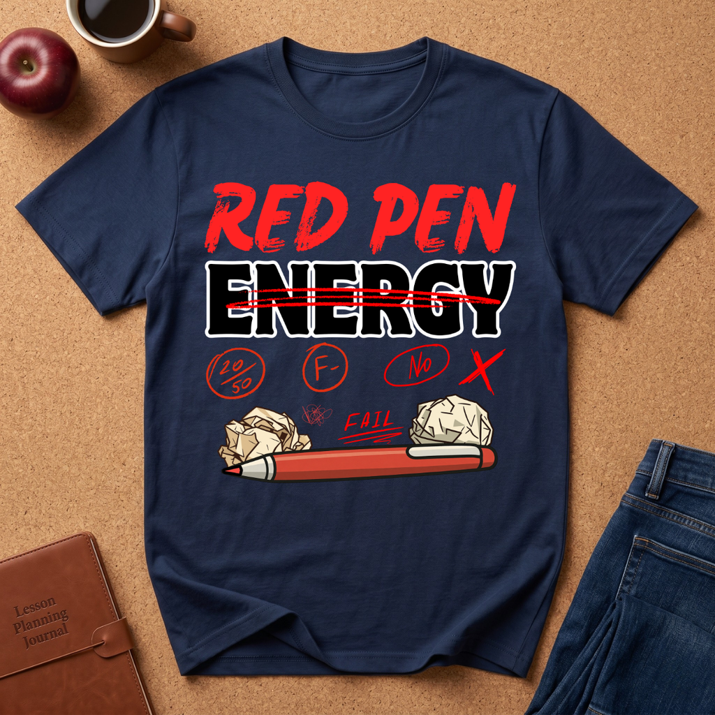 Navy blue graphic t-shirt with 'Red Pen Energy' with '20/50, F minus, No, Fail and X" scattered with a red pen and crumpled paper graphic design on a brown surface with an apple, coffee, and jeans.