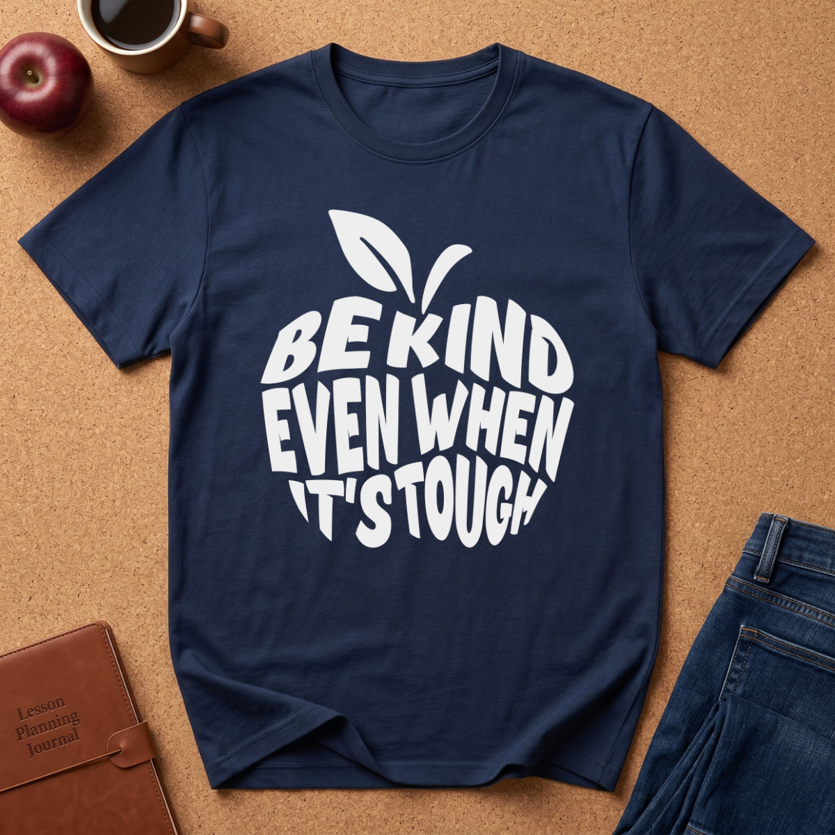 A navy blue graphic t-shirt with a white text design reading 'BE KIND EVEN WHEN IT'S TOUGH' styled in a flat-lay arrangement on a cork background with an apple, coffee cup, leather journal, and jeans.