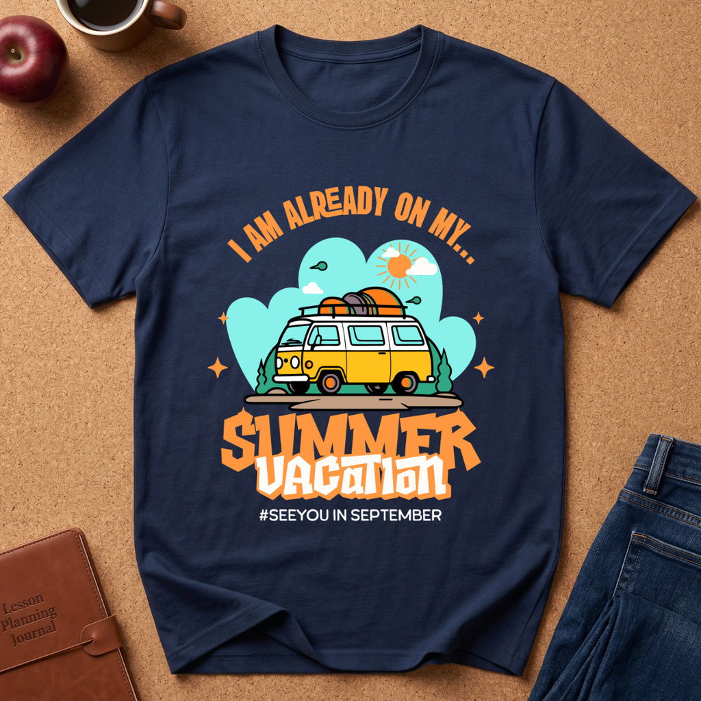 A navy blue  graphic t-shirt laid flat on a cork surface, surrounded by lifestyle props including a brown leather journal, an apple, a coffee cup, and folded blue jeans. The t-shirt features a retro-style graphic of a yellow and white van with a surfboard on its roof, set against a light blue cloud background with the text 'I AM ALREADY ON MY sUMMER VACATION. #SEEYOUINSEPTEMBER