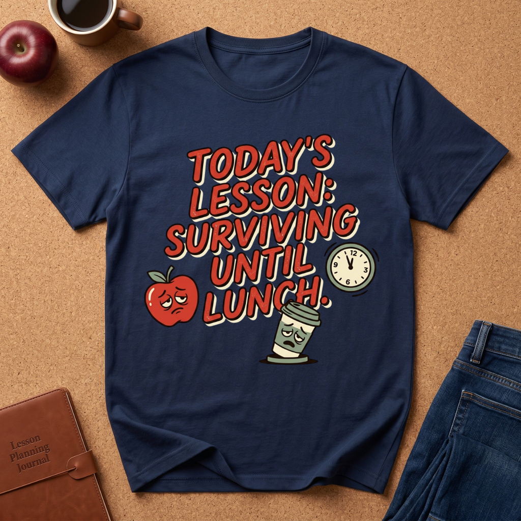 “Today’s Lesson: Surviving Until Lunch” Teacher T-Shirt — Cute School Humor Tee