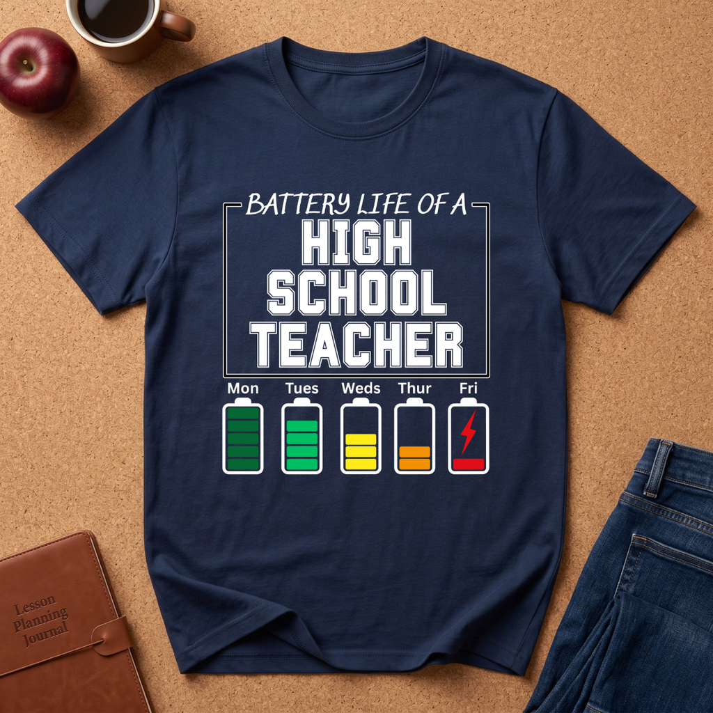 Navy blue t-shirt with 'Battery Life of a High School Teacher' graphic on a brown surface with school supplies.