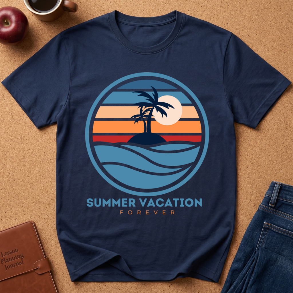 Navy Blue short-sleeve crewneck t-shirt laid flat on a cork background, featuring a retro circular graphic of a palm tree island at sunset with the text 'SUMMER VACATION FOREVER'.