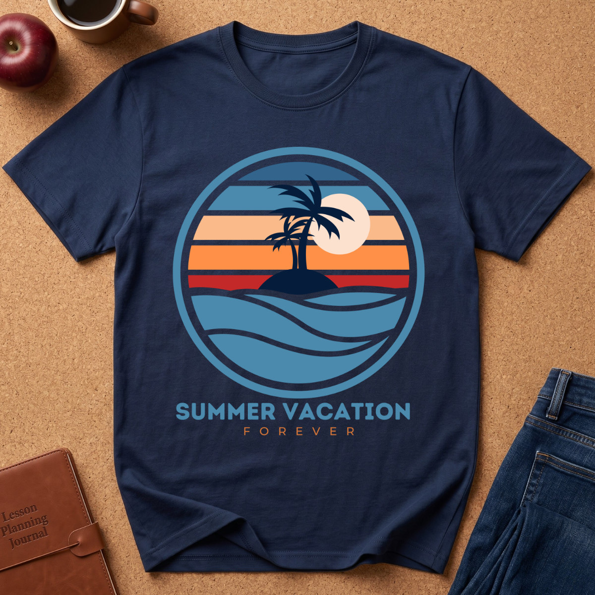 Navy Blue short-sleeve crewneck t-shirt laid flat on a cork background, featuring a retro circular graphic of a palm tree island at sunset with the text 'SUMMER VACATION FOREVER'.