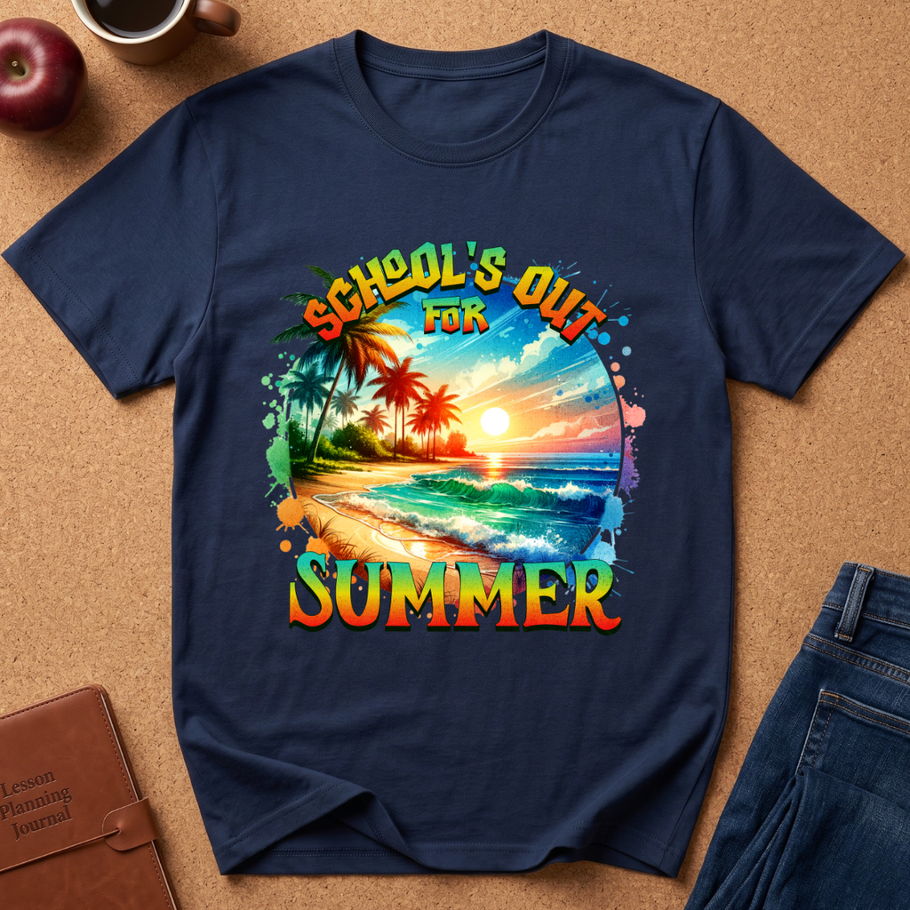 A navy blue short-sleeve t-shirt with a colorful graphic print reading 'SCHOOL'S OUT FOR SUMMER' over a tropical beach scene, laid flat on a cork surface with partial props including jeans, a book, an apple, and a mug.