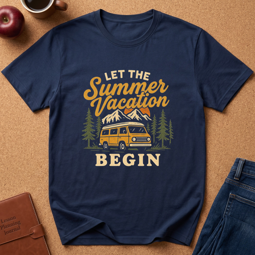 A navy blue graphic t-shirt laid flat on a cork background, featuring a retro-style yellow and cream print that reads 'LET THE Summer Vacation BEGIN' with a van, mountains, and trees. Styled flat-lay props include an apple, a coffee cup, a brown journal, and blue jeans.