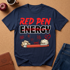 Navy blue t-shirt with 'Red Pen Energy' and positive marks graphic on a brown surface with accessories.
