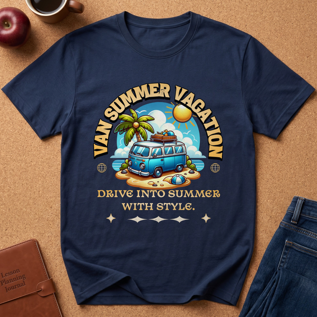 Navy Blue short-sleeve graphic T-shirt laid flat on a cork surface, featuring a retro-style beach scene with a blue van, palm tree, sun, and the text 'VAN SUMMER VACATION' and 'DRIVE INTO SUMMER WITH STYLE.' Styled props including an apple, coffee cup, notebook, and jeans are partially visible around the shirt.