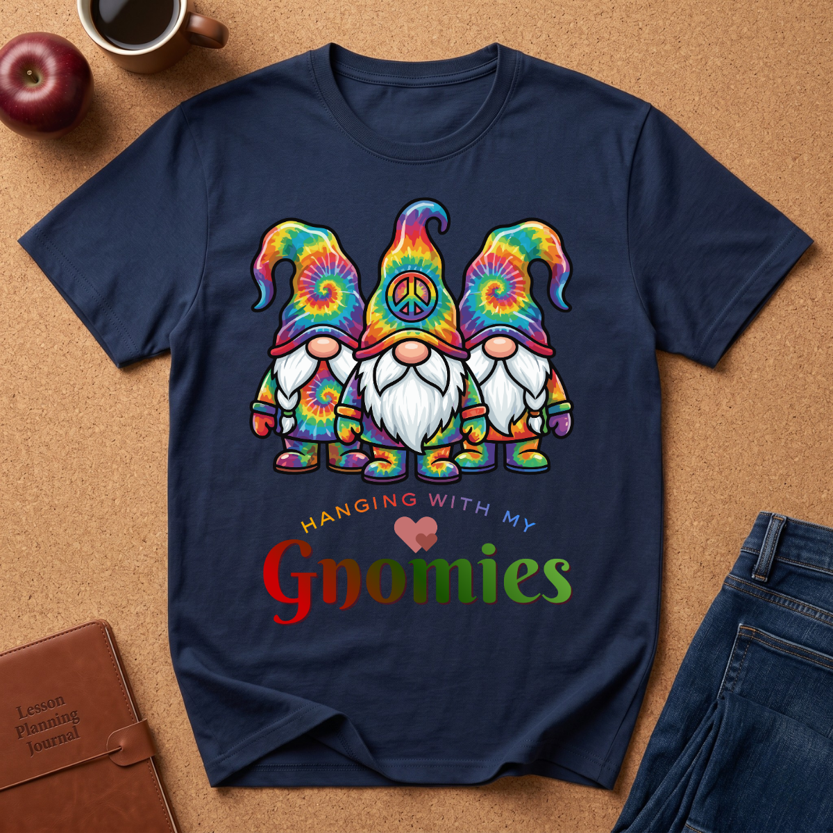 Navy  t-shirt says Haning with my Gnomies with 3 cartoon style cute gnome characters wearing tye dyed clothes and hats.  