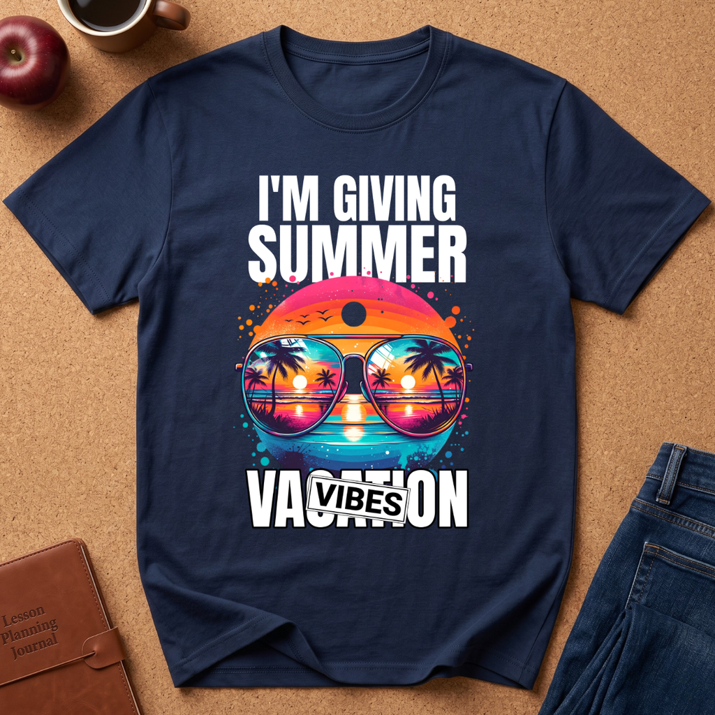 A navy blue graphic t-shirt laid flat on a brown cork background, surrounded by lifestyle props like a leather journal, an apple, a coffee cup, and jeans. The t-shirt features a colorful retro design with sunglasses reflecting a sunset beach scene and the text 'I'M GIVING SUMMER VACATION VIBES'.