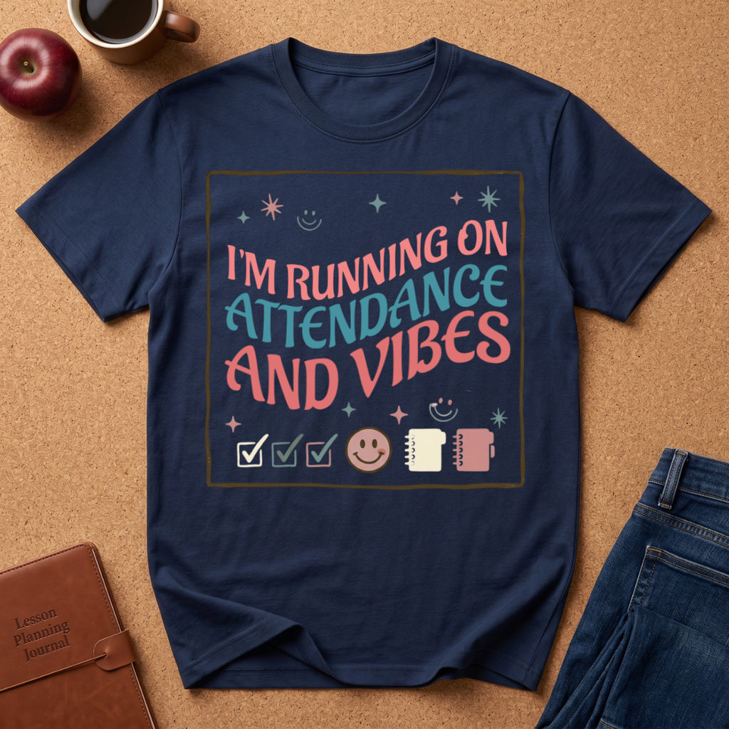 Navy blue t-shirt with colorful text and graphics on a brown surface with accessories. I'm running on Attendance and Vibes.