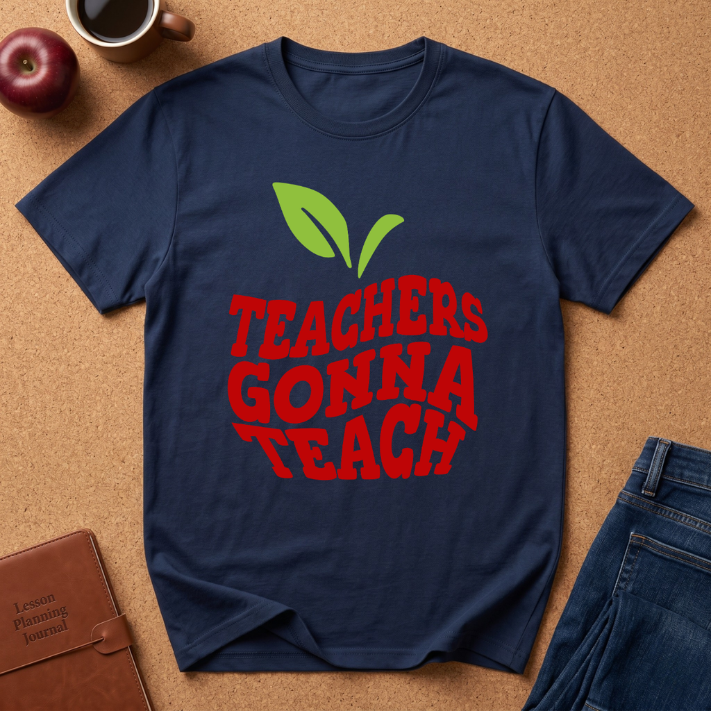 A navy blue graphic t-shirt laid flat on a cork background, featuring a green apple leaf graphic and the text 'TEACHERS GONNA TEACH' in red. The shirt is styled with an apple, a coffee cup, a leather journal, and blue jeans.