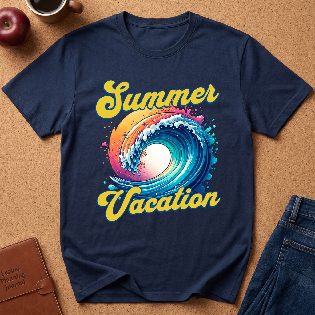 A navy blue short-sleeve t-shirt laid flat on a cork surface, featuring a colorful retro-style graphic with the words 'Summer Vacation' in yellow script and a wave illustration in blue, pink, orange, and white. Partial props around the shirt include an apple, a coffee cup, a brown journal, and blue jeans.