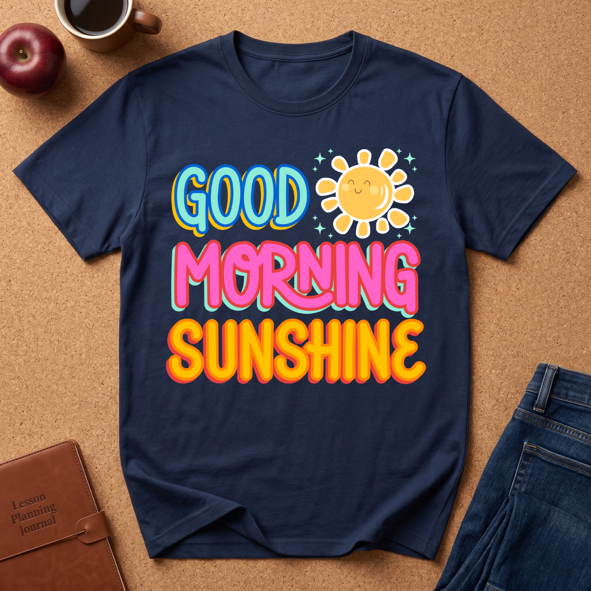 Navy blue t-shirt with 'Good Morning Sunshine' text and sun graphic on a brown surface with accessories.