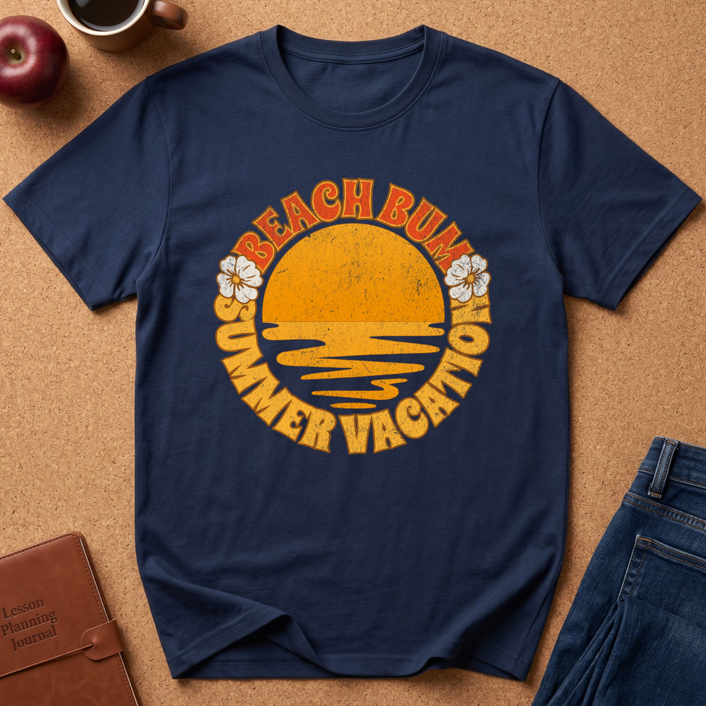 Navy Blue short-sleeve t-shirt laid flat on a cork background, featuring a retro-style yellow and orange graphic with the words 'BEACH BUM SUMMER VACATION' and small white flower illustrations.

