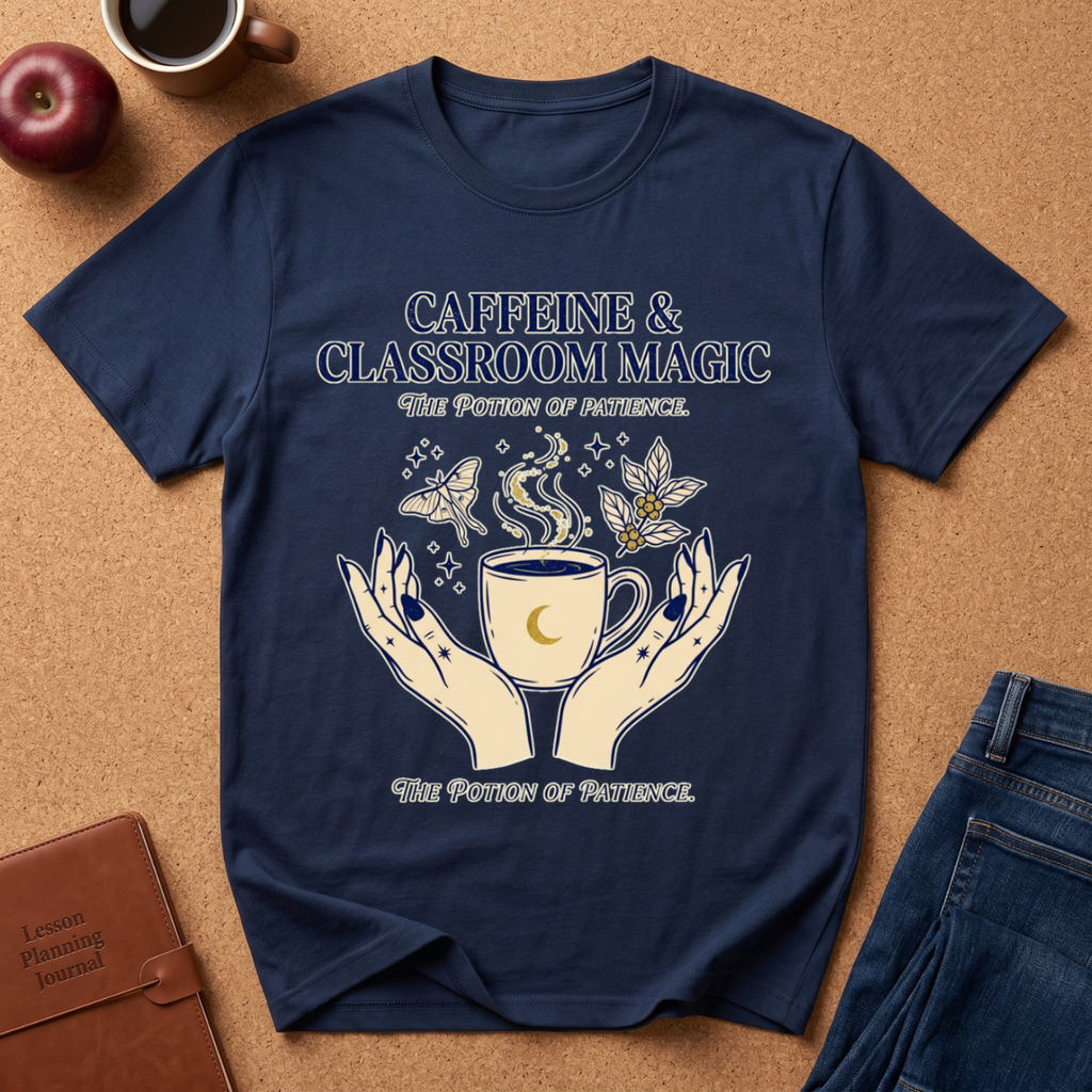 Navy blue t-shirt with graphic design and text on a brown surface with accessories.