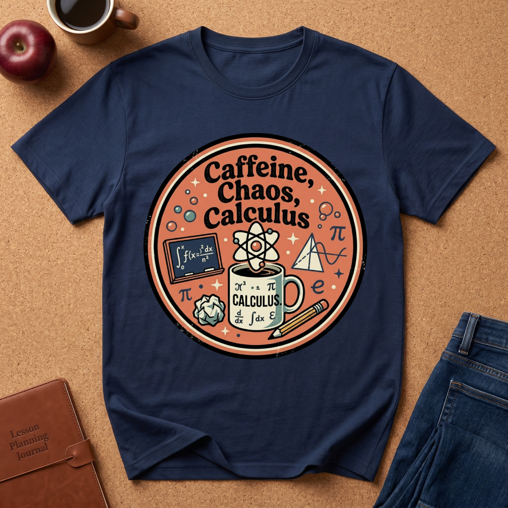 Navy blue t-shirt with 'Caffeine, Chaos, Calculus' design on a brown surface with an apple, coffee cup, and jeans.