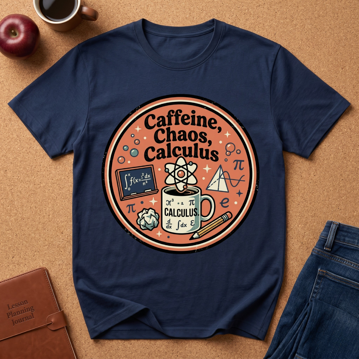 Navy blue t-shirt with 'Caffeine, Chaos, Calculus' design on a brown surface with an apple, coffee cup, and jeans.
