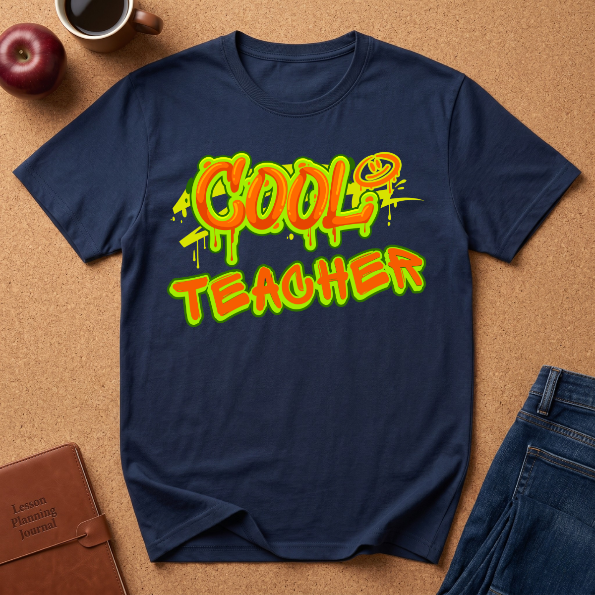 Navy blue t-shirt with 'Cool Teacher' text on a brown surface with accessories.