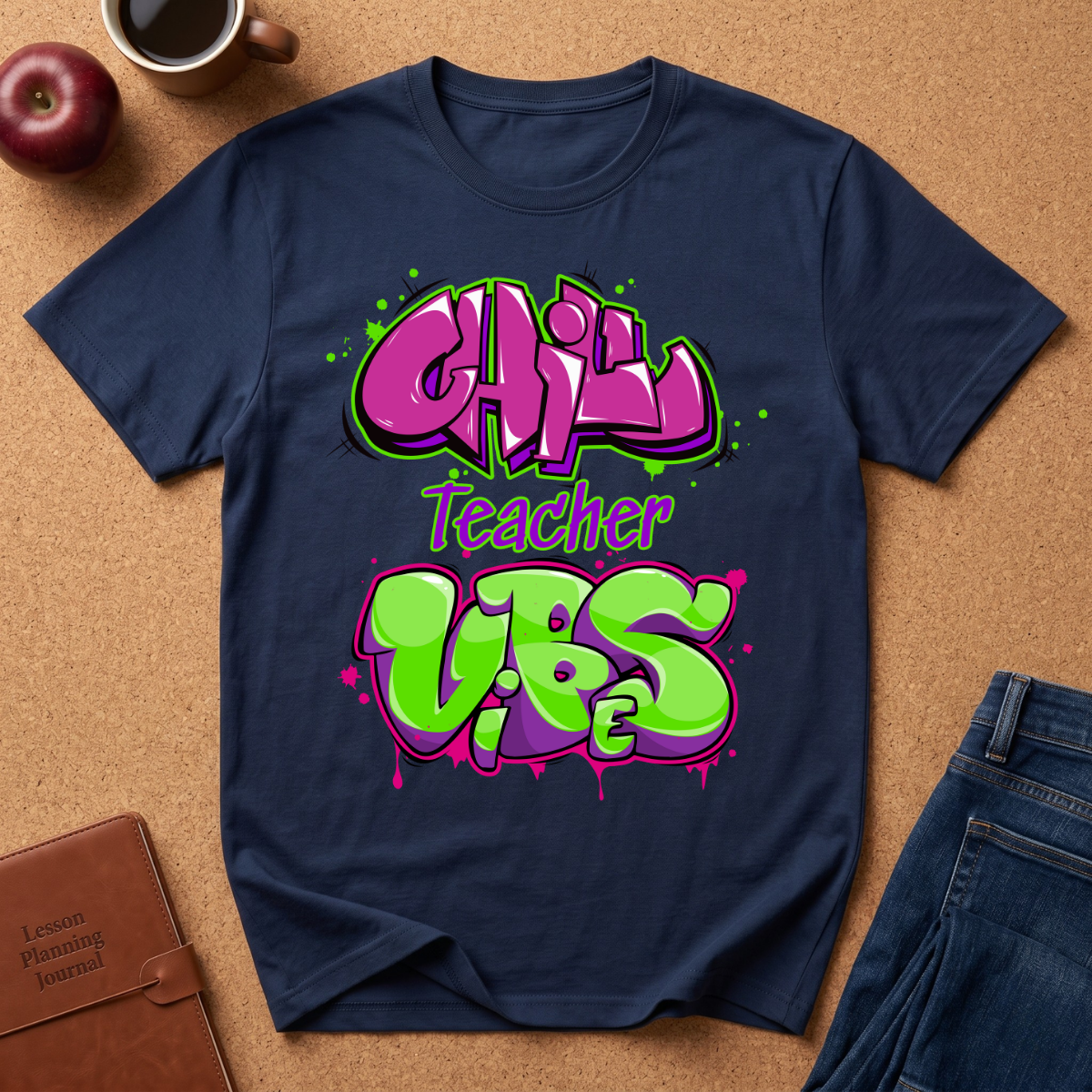 Navy blue t-shirt with colorful text on a brown surface with accessories. Says Chill teacher vibes.