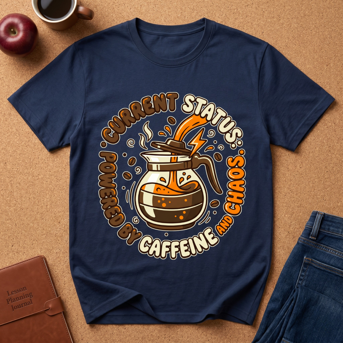 Navy blue graphic t-shirt says "Current Status, Powered by Caffeine and Chaos" with coffee-themed graphic and text on a brown surface with accessories.