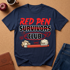 Navy blue t-shirt with 'Red Pen Survivors Club' design on a brown surface with accessories.