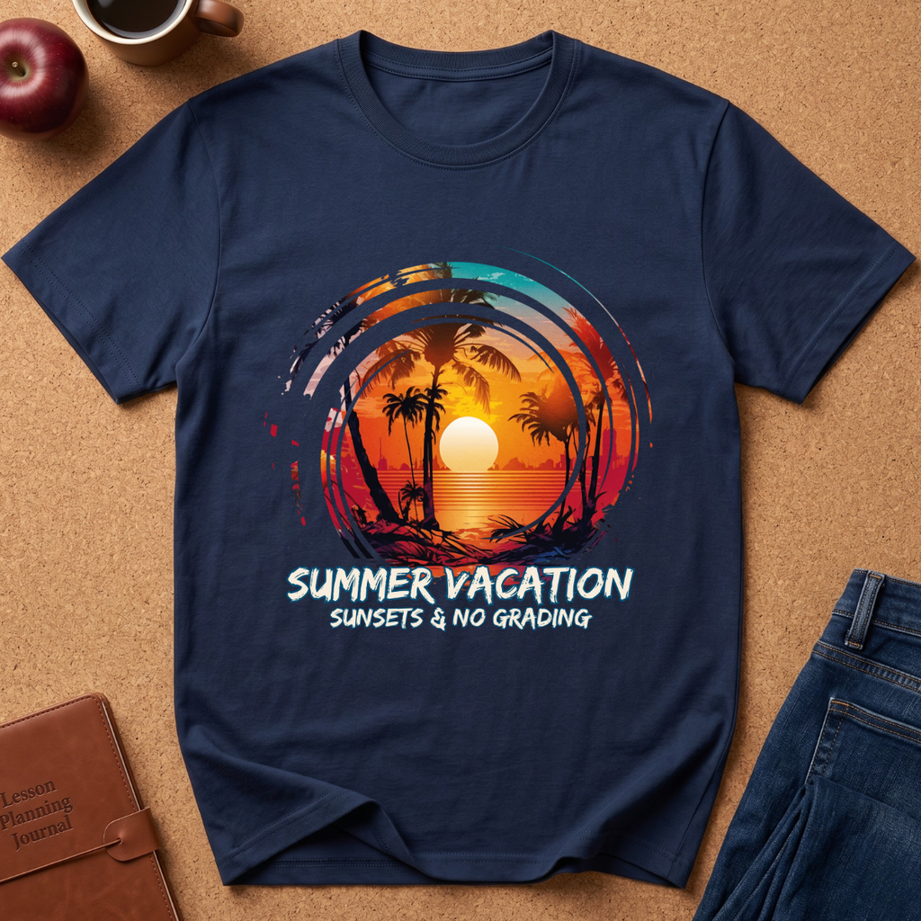 A navy blue short-sleeve t-shirt laid flat on a cork surface, featuring a retro circular sunset graphic with palm trees and the text 'SUMMER VACATION SUNSETS & NO GRADING'. Partial jeans, an apple, a coffee cup, and a brown journal are visible around it as styling props.