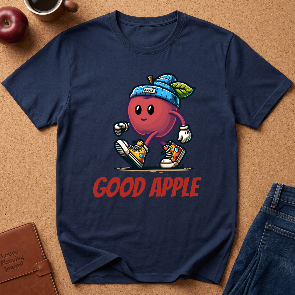 A navy blue graphic t-shirt laid flat on a brown cork background, featuring a cartoon red apple character wearing a blue beanie and sneakers with the text 'GOOD APPLE' in red below. Styled flat-lay props include an apple, a coffee cup, a journal, and jeans.