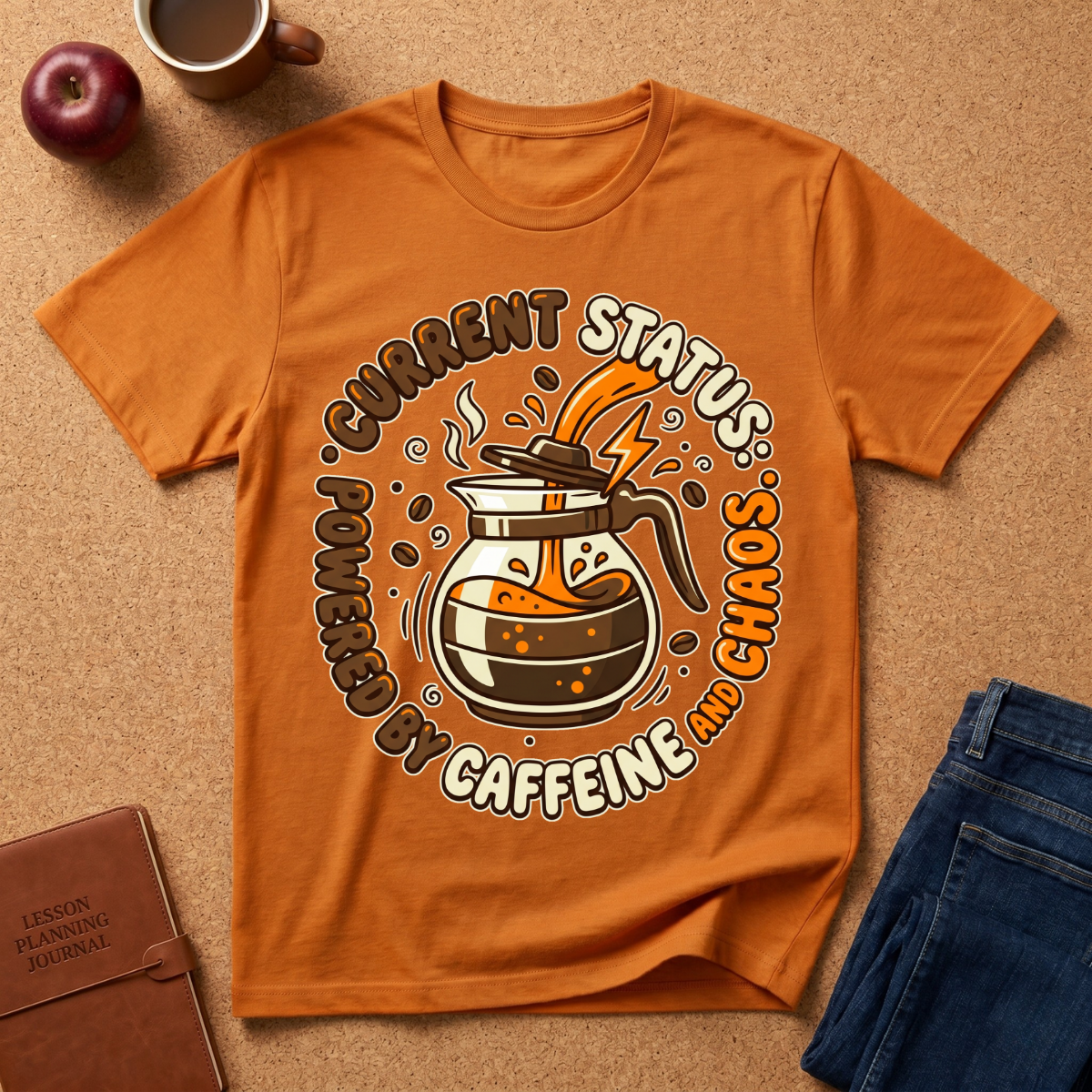 Orange graphic t-shirt says "Current Status, Powered by Caffeine and Chaos" with coffee-themed graphic and text on a brown surface with a coffee cup and apple.