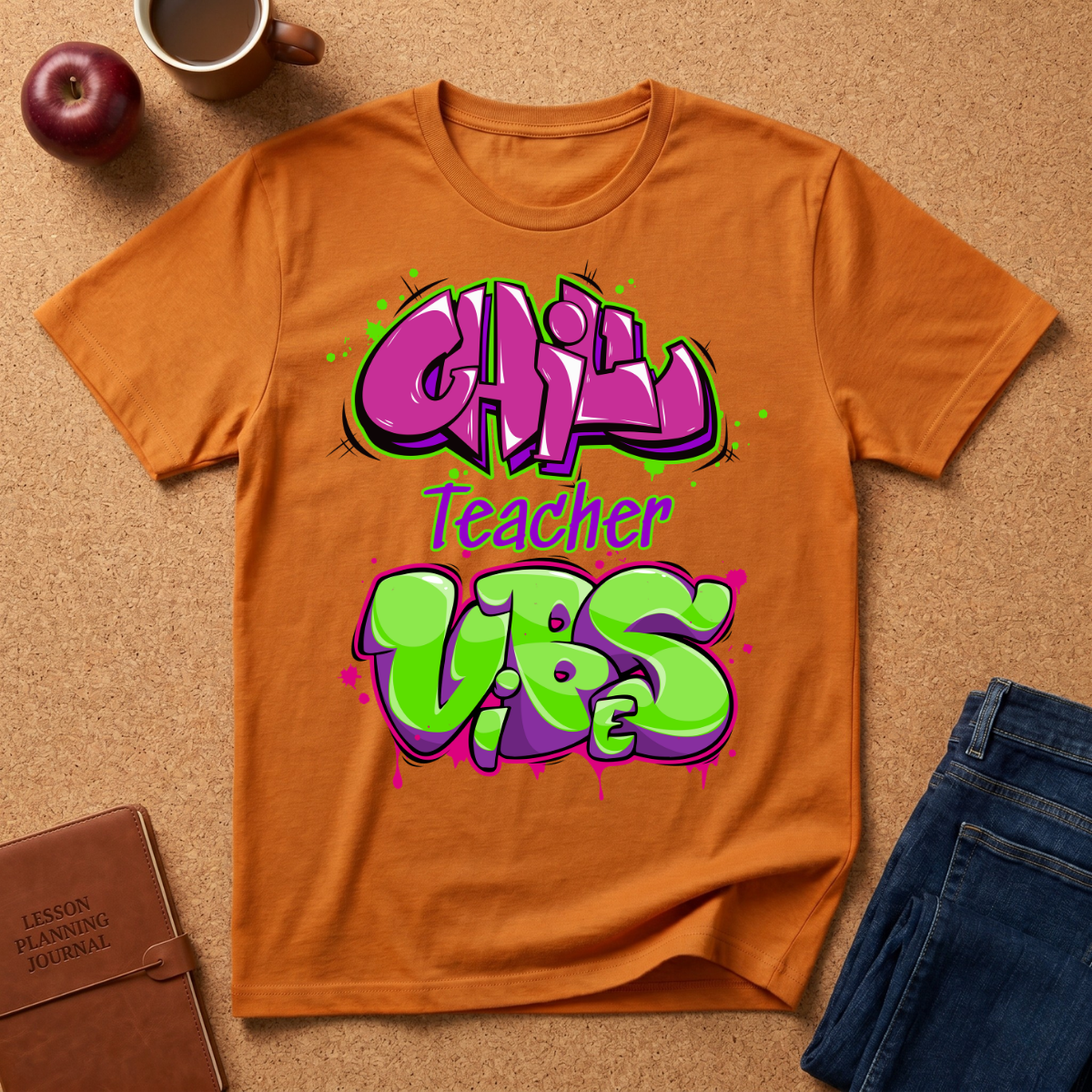 Orange t-shirt with colorful text 'CHILL Teacher VIBES' on a brown surface with a coffee cup and apple.
