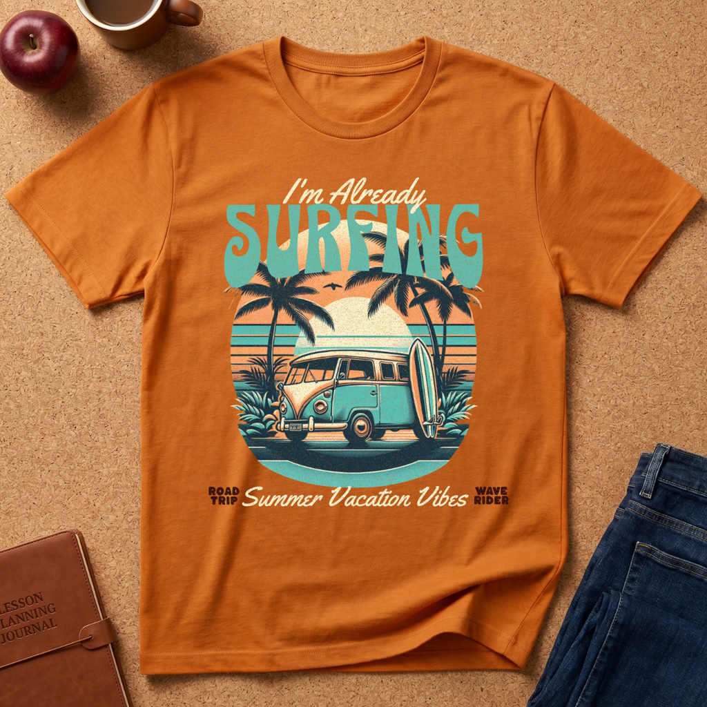 An orange short-sleeve graphic T-shirt laid flat on a cork surface, surrounded by lifestyle props including a coffee mug, apple, notebook, and jeans. The shirt features a retro-style surf graphic with palm trees, a vintage van, and the text 'I'm Already SURFING' plus smaller phrases below.