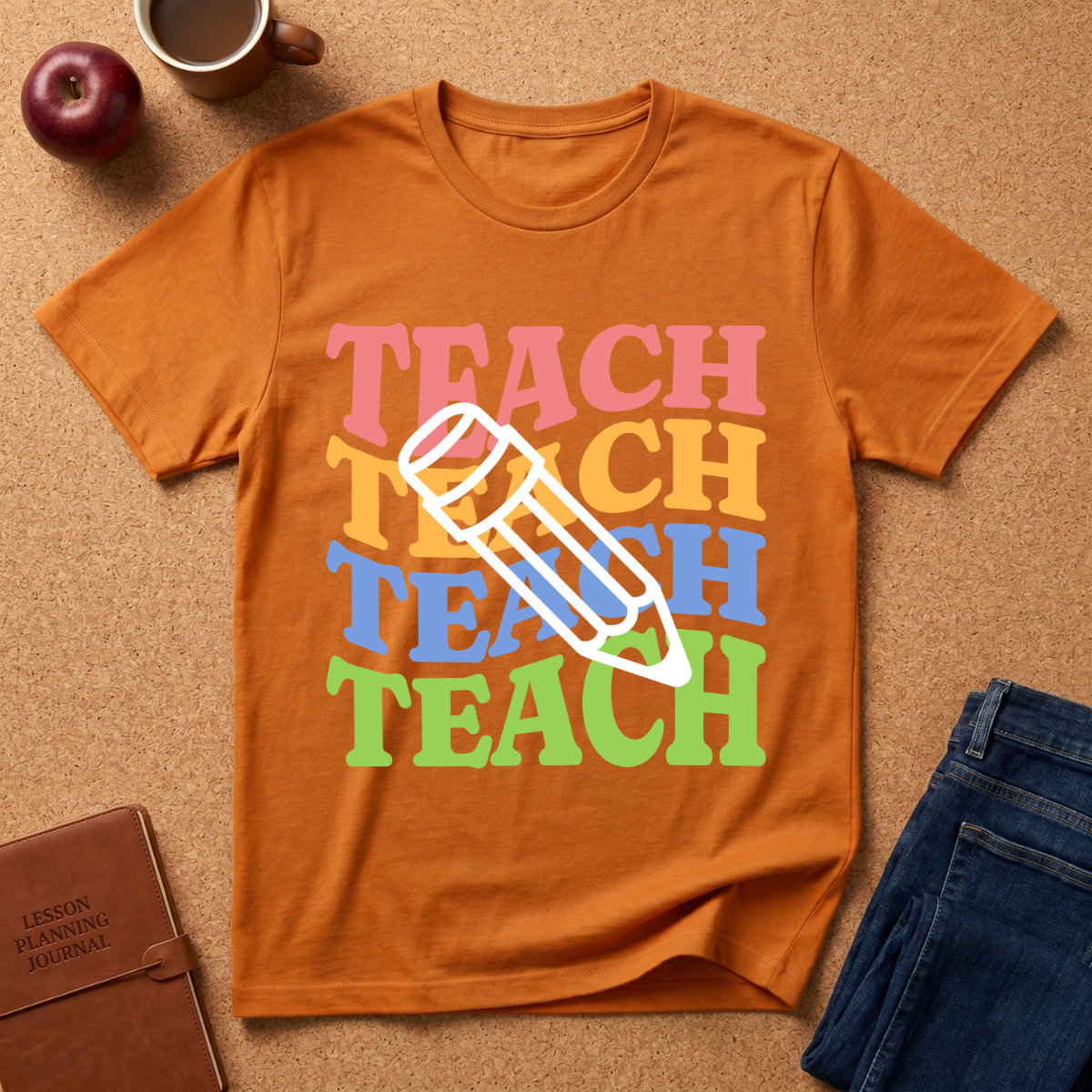 Teacher Pencil Tee — Colorful "TEACH" Graphic T-Shirt for Educators