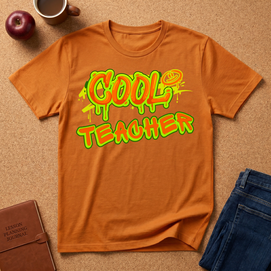 Orange t-shirt with 'COOL TEACHER' text on a brown surface with a coffee cup, apple, and jeans.