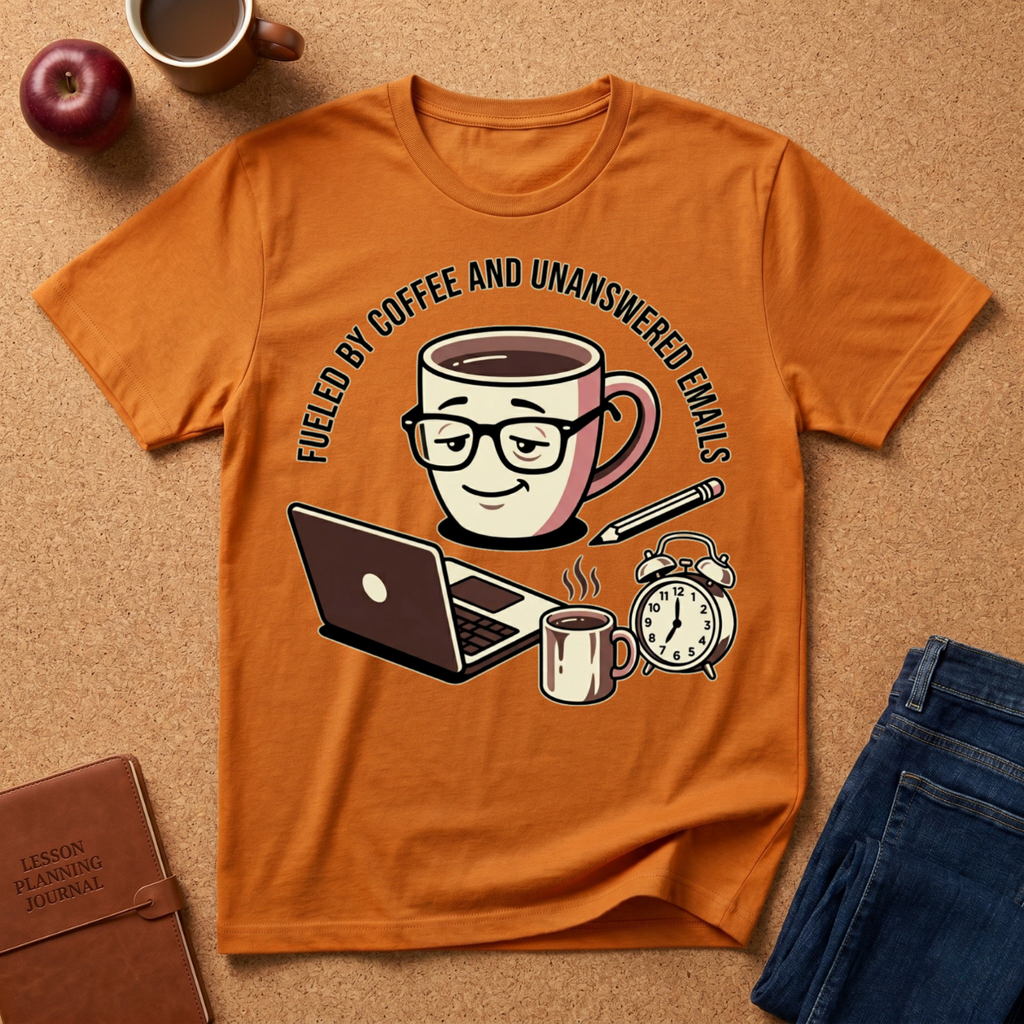 Orange Graphic t-shirt says 'Fueled by coffee an unanswered emails', with coffee-themed graphic on a brown surface with accessories.