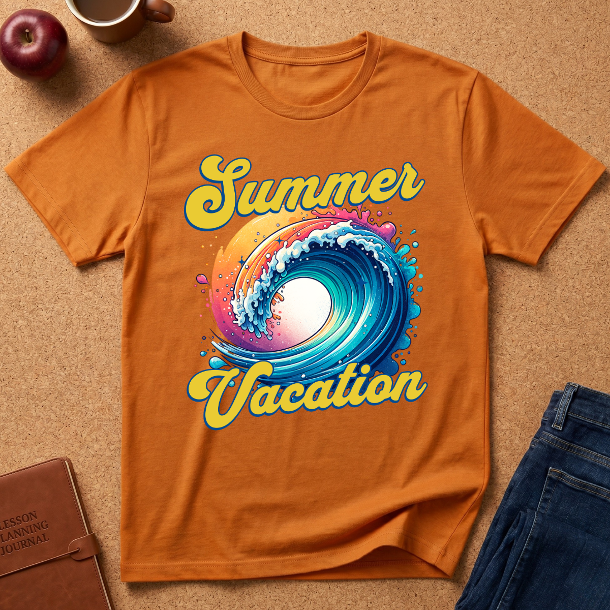 An orange short-sleeve t-shirt with a colorful 'Summer Vacation' graphic featuring a blue and orange wave, laid flat on a cork background with lifestyle props including an apple, a coffee mug, and blue jeans.