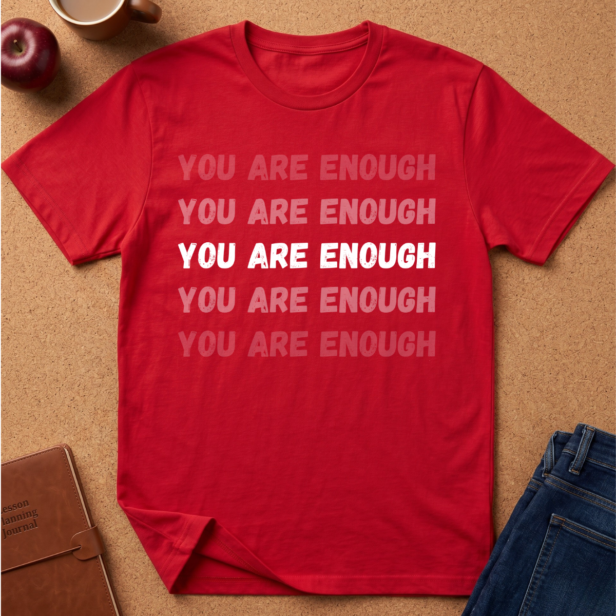 A red short-sleeve t-shirt laid flat on a cork-like surface, featuring the phrase 'YOU ARE ENOUGH' printed repeatedly in white and light pink text across the front. Partial props are visible around the edges, including an apple, a mug, a brown notebook, and blue jeans.
